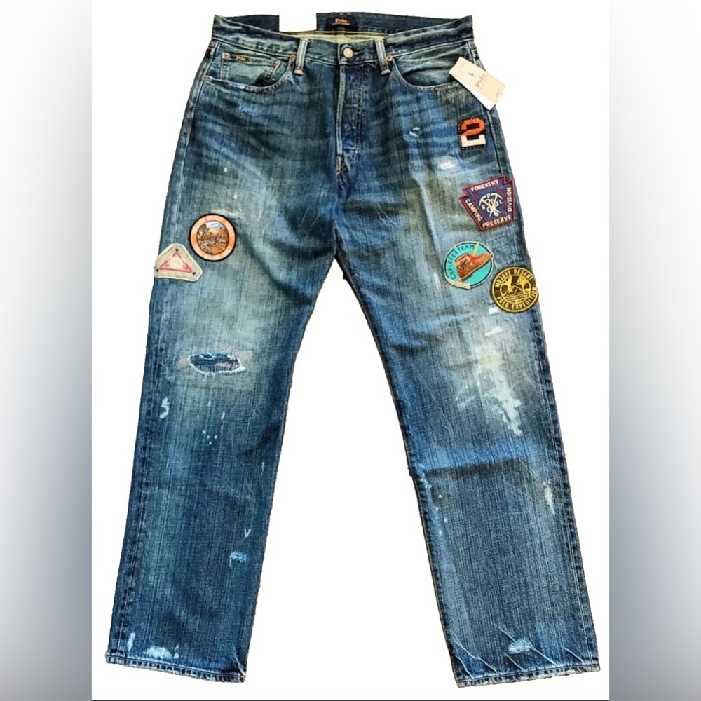 Polo Ralph Lauren Men's Distressed Blue Jeans with Patches